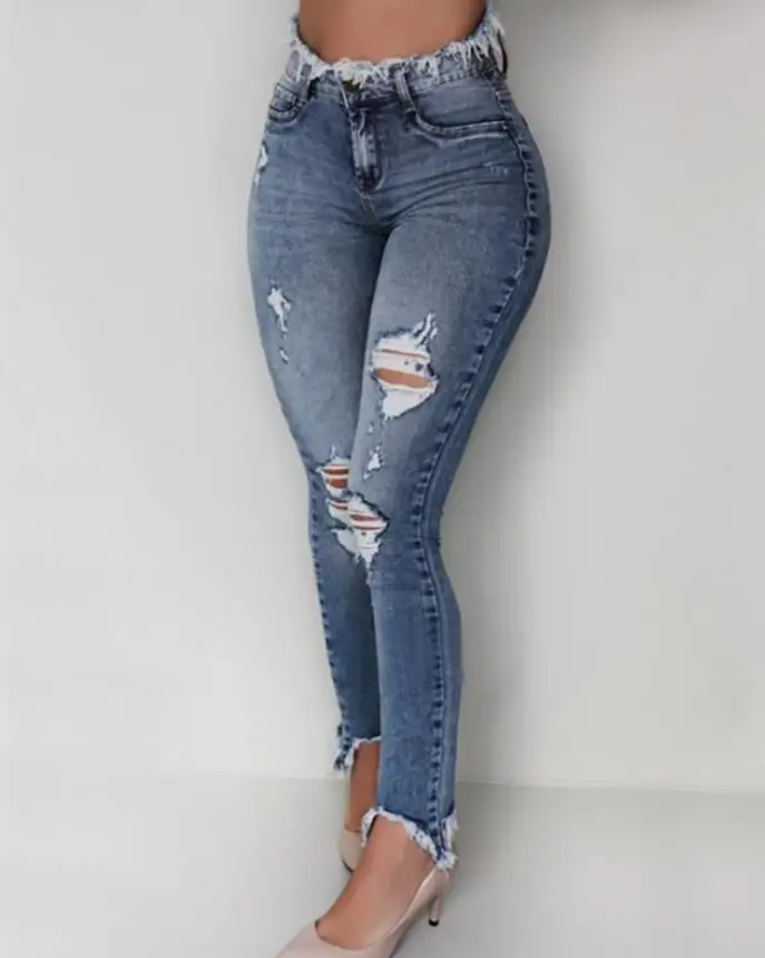 Top Trends: Pants For Women High Waist Plain Denim Daily Distressed Cutout Fringe Hem Skinny Jeans 2023 All-Match Shoppable Styles