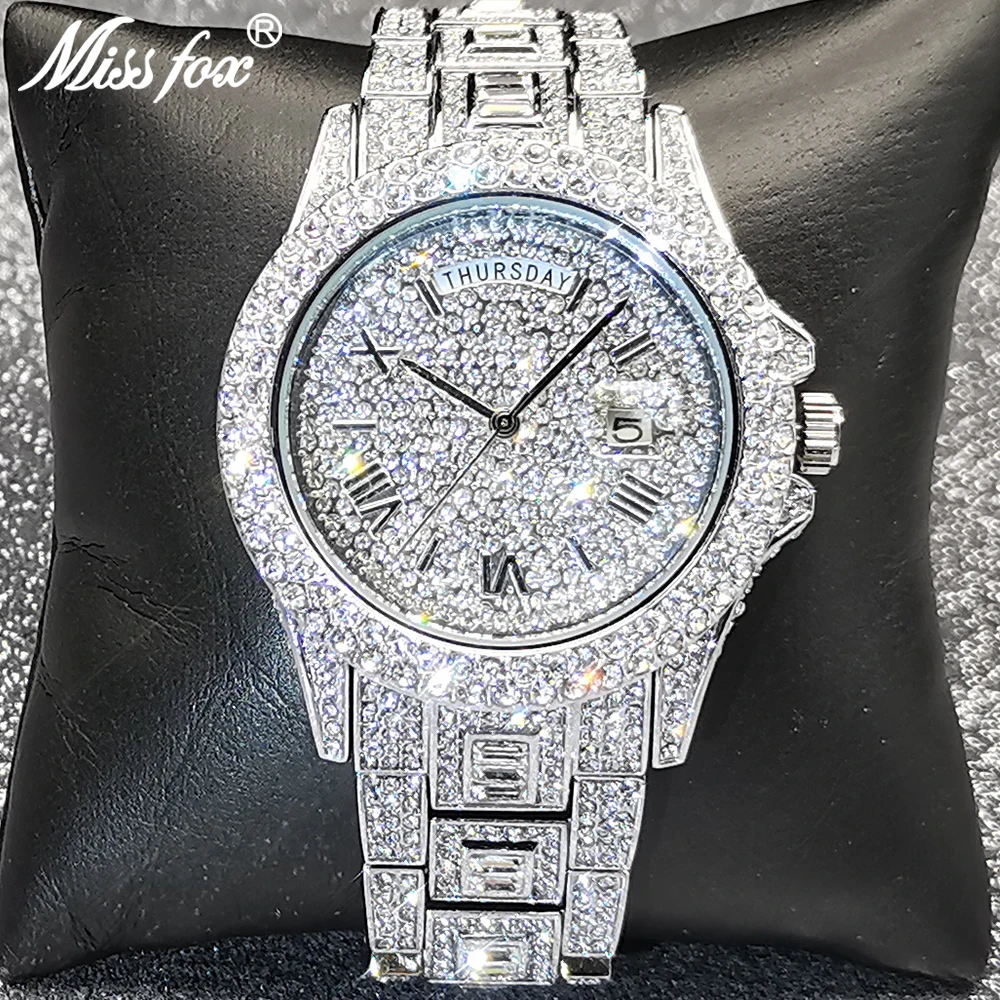 Top Trends: Luxury Shiny Diamond Watch For Men Hip Hop Trendy Iced Out Quartz Watches High Quality Stainless Steel Waterproof Day Date Clock Shoppable Styles