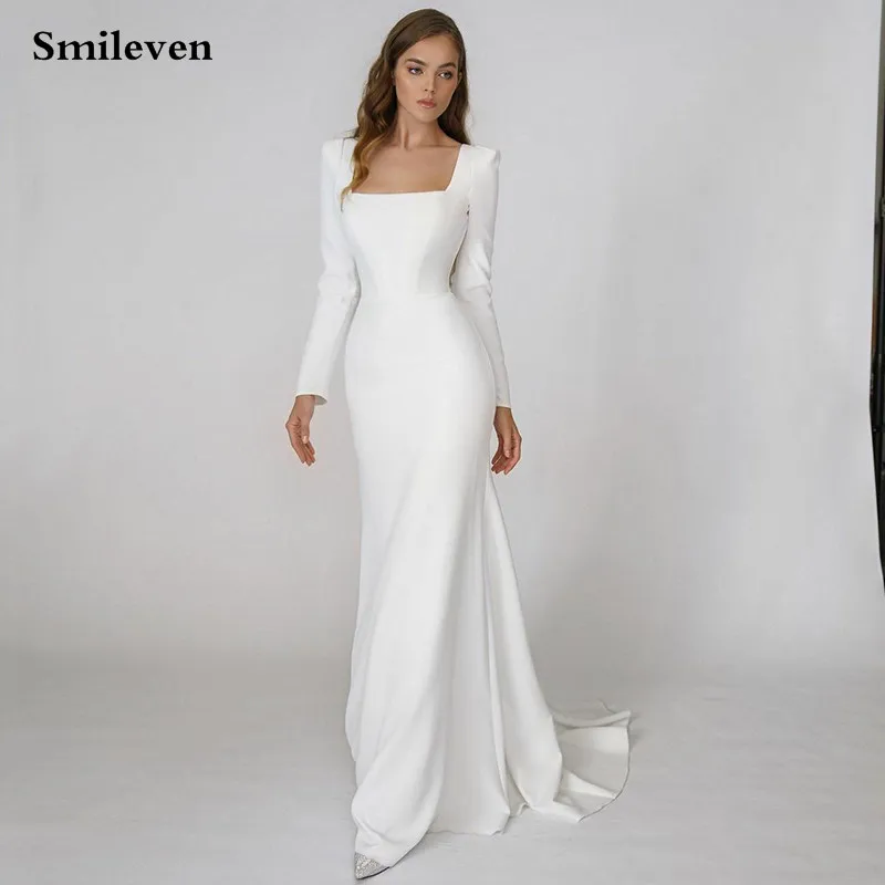 Top Trends: Smileven Soft Satin Mermaid Wedding Dresses Long Sleeve Square Neck Beach Bride Dresses Sexy Open Back Boho Bridal Gowns 2022 Shoppable Styles