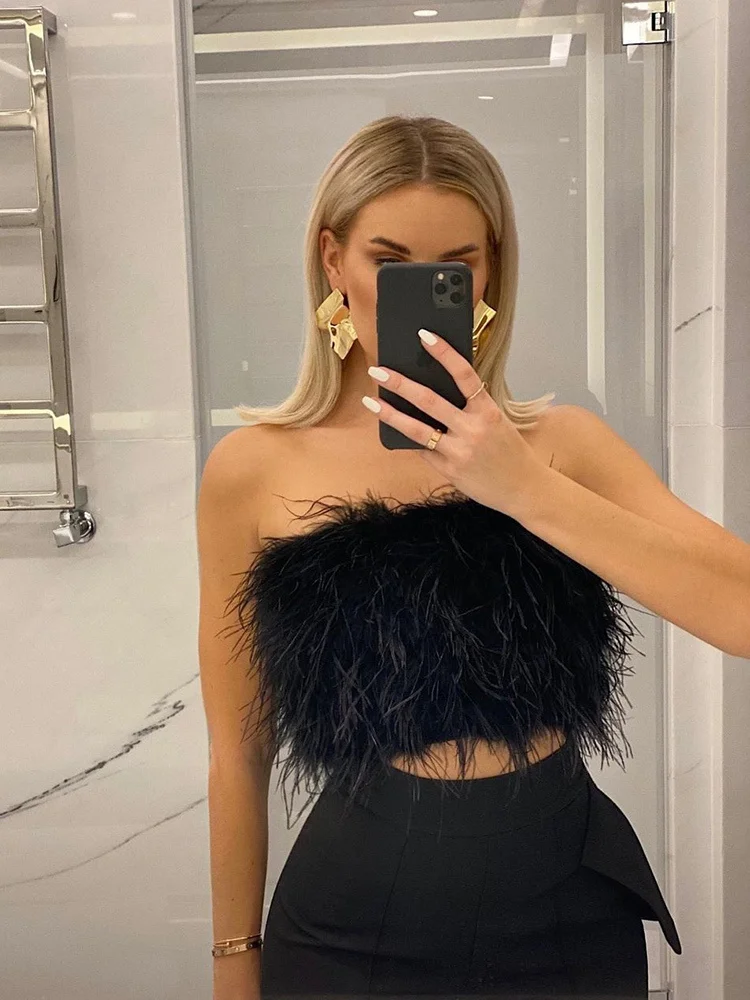 Top Trends: Sexy Top Bra Women Furry Ostrich Feather Summer Female Wedding Wrap 2022 Luxury Real Feather Ladies Crop Top Zipper Vest Clothes Shoppable Styles - Image 2