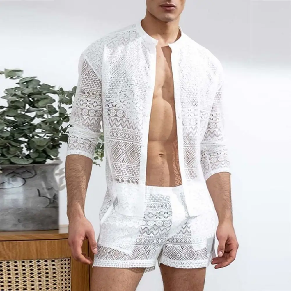 Top Trends: Mens Fashion Set Summer New Hollow Out Sexy Lace Shorts Pattern Print Shirt Two Piece Suits Trendy Elegant Beach Clothes Outfits Shoppable Styles