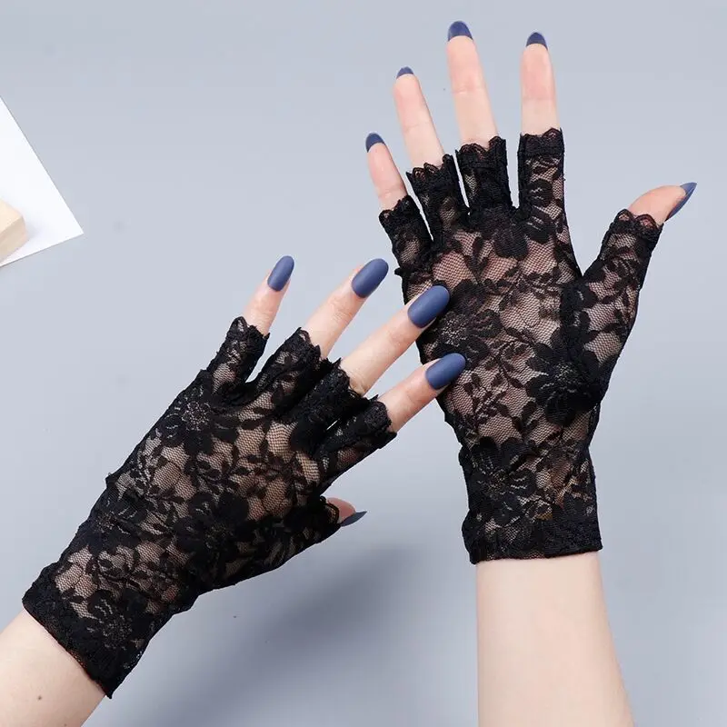 Top Trends: Black Fingerless Sexy Lace Gloves Women Sun Protection Gloves Women Driving Mittens For Bride Ladies Half Finger Fishnet Gloves Shoppable Styles