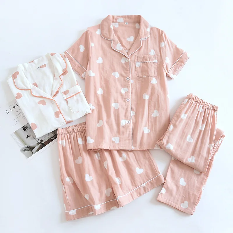 Top Trends: New Spring And Summer Women&#039;s Pajamas Three-piece Set Short Sleeves + Shorts + Trousers 100% Cotton Gauze Love Print Homewear Set Shoppable Styles