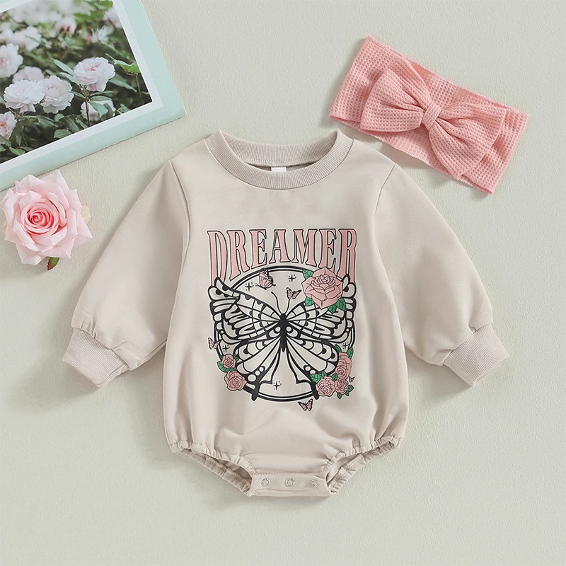 Top Trends: BeQeuewll Baby Girls Casual Autumn New Style Crewneck Romper Long Sleeve Letter Print Playsuit With Headband Shoppable Styles