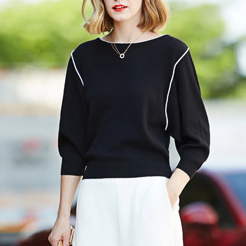 Top Trends: Spring And Autumn Round Neck Temperament Contrast Loose Fit Ice Silk Bat Sleeve Knit Shirt Autumn Women's Casual Lady Top Shoppable Styles