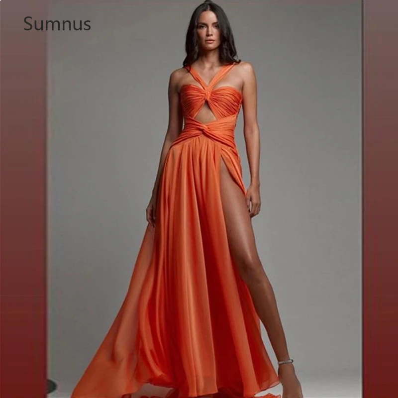 Top Trends: Sumnus Orange Sexy Organza Prom Dresses 2022 High Side Slit Floor Length Pleat Sleeveless Long Evening Dresses Robes De Soirée Shoppable Styles