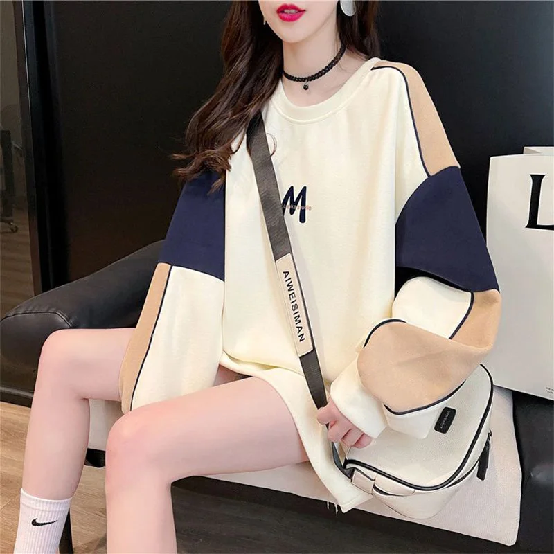 Top Trends: Fashion Color Spliced Printed Letter Sweatshirts Female Clothing 2023 Autumn Winter Oversized Casual Tops All-match Sweatshirts Shoppable Styles