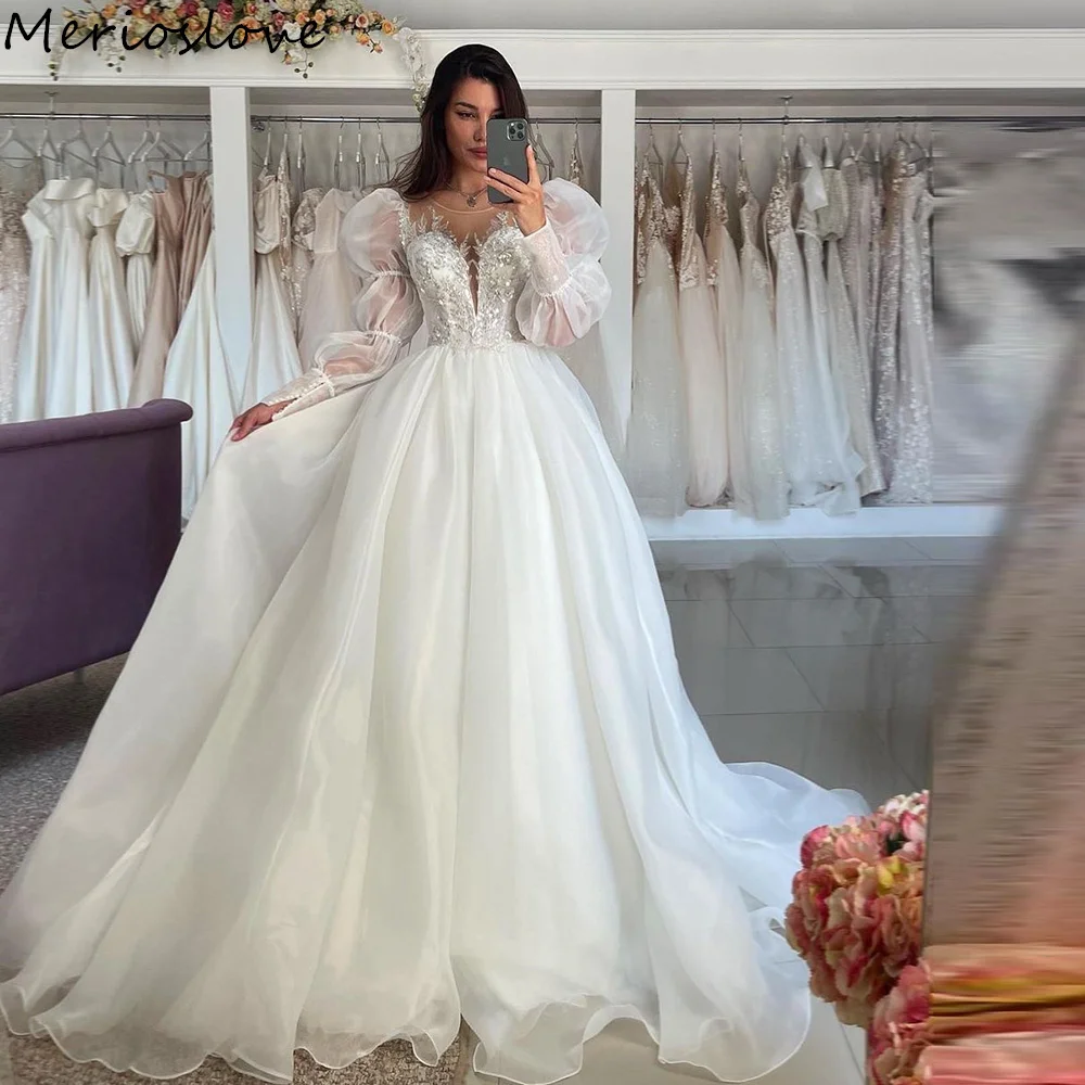 Top Trends: Merioslove Glitter Princess Wedding Dresses Beading Appliques Long Sleeves A-Line Wedding Gown Beach Bridal Gowns Robe De Soiree Shoppable Styles