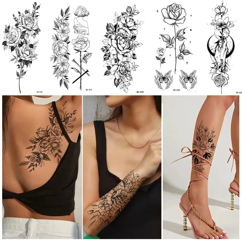 Top Trends: Fake Tatoo Waterproof Temporary Tattoos Flower Tattoo Sticker Sexy Arm Legs Body Art Temporary Painting Long Lasting Black Rose Shoppable Styles