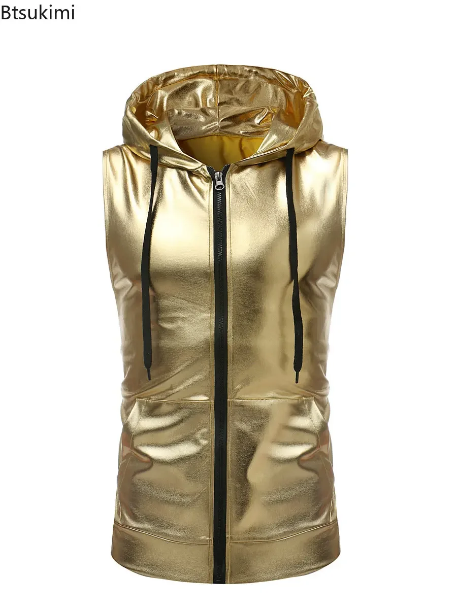 Top Trends: 2024 Shiny Gold Coated Metallic Tank Top Men Fashion Hip Hop Sleeveless Hoodie Tank Men Nightclub Party Dance Zipper Tops Tee Shoppable Styles