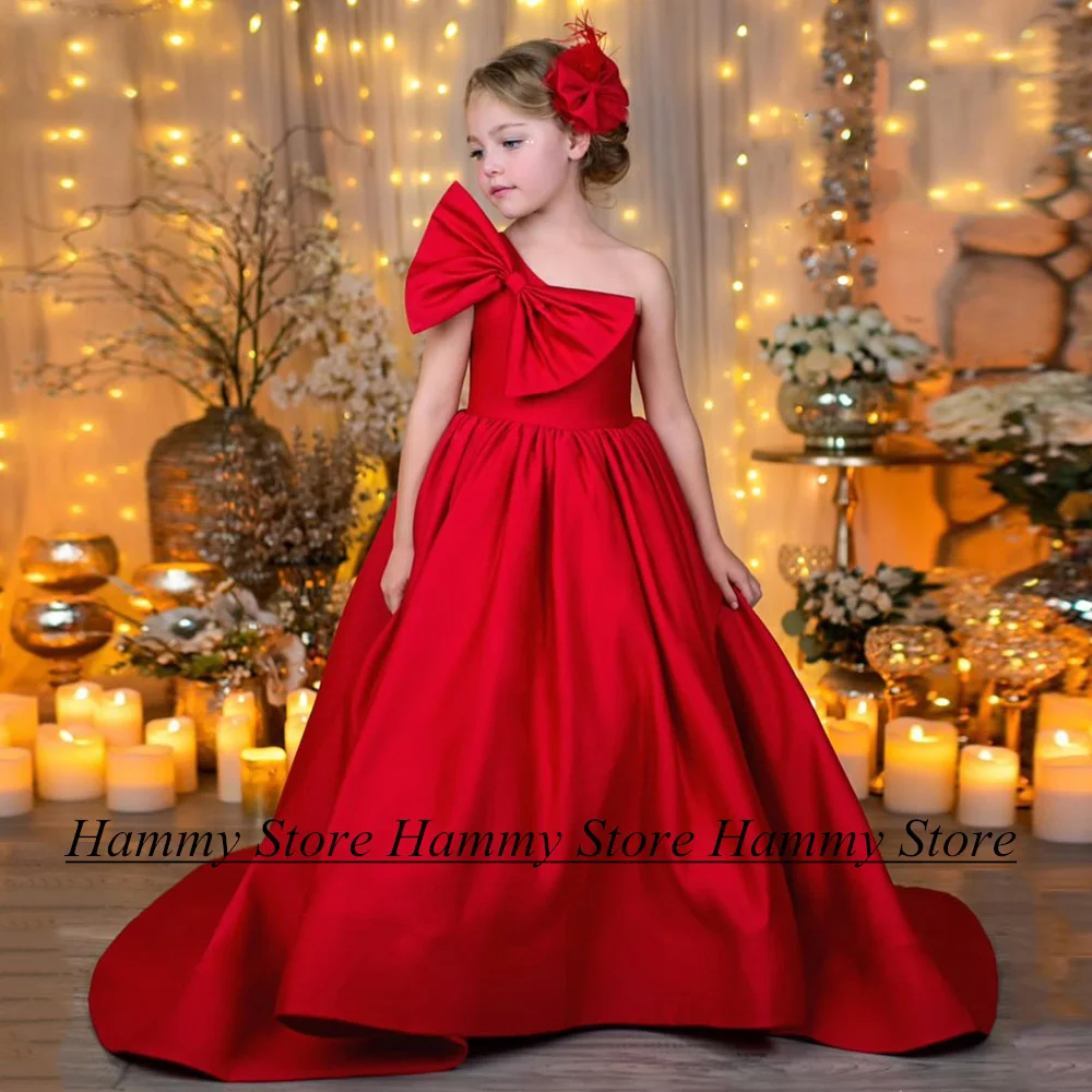 Top Trends: Girls Red Birthday Party Dress One Shoulder Sleeveless Big Bow Open Back A Line Satin Flower Girl Dresses First Communion Gown Shoppable Styles