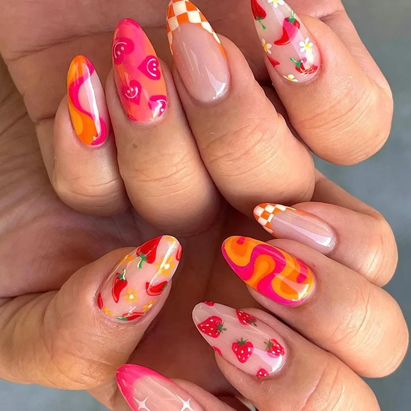 Top Trends: 24Pcs Almond False Nails With Tools Cute Heart Strawberry Chili Design French Checkerboard ABS Press On Nails Fake Tips Wearable Shoppable Styles