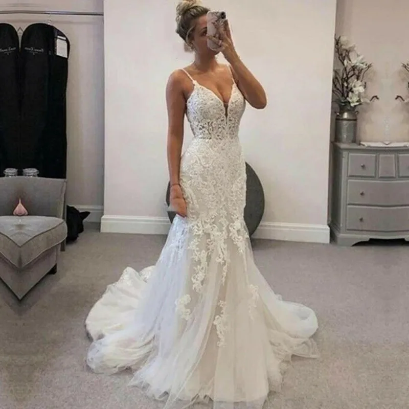 Top Trends: YunShang Sexy Deep V-Neck Wedding Dress Spaghetti Straps Lace Appliques Beach Mermaid Bride Gown Backless Train Vestido De Novia Shoppable Styles