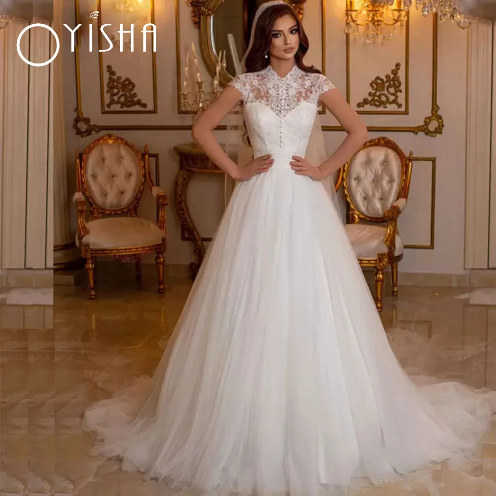 Top Trends: OYISHA Elegant Wedding Dresses A-Line Cap Sleeves High Neck Lace Top Brdial Gowns Button Design Open Back Tier Vestido De Novia Shoppable Styles