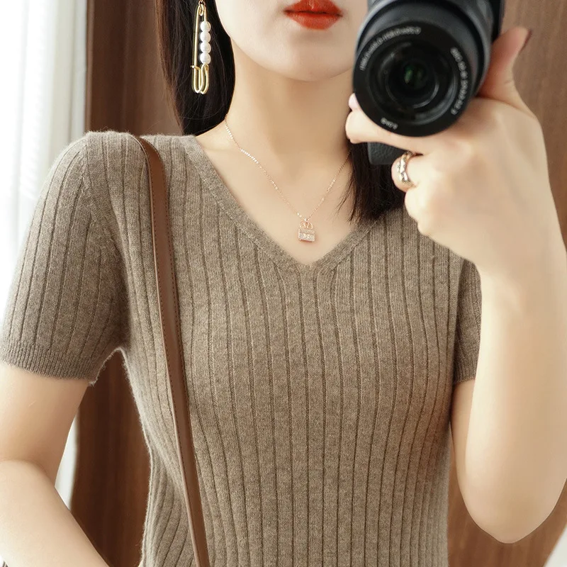 Top Trends: 2023 Spring Summer Women Sweater V-neck Short Sleeve Tshirt Korean Fashion Knitwears Slim Fit Pullovers Bottoming Inner Knit Top Shoppable Styles - Image 4