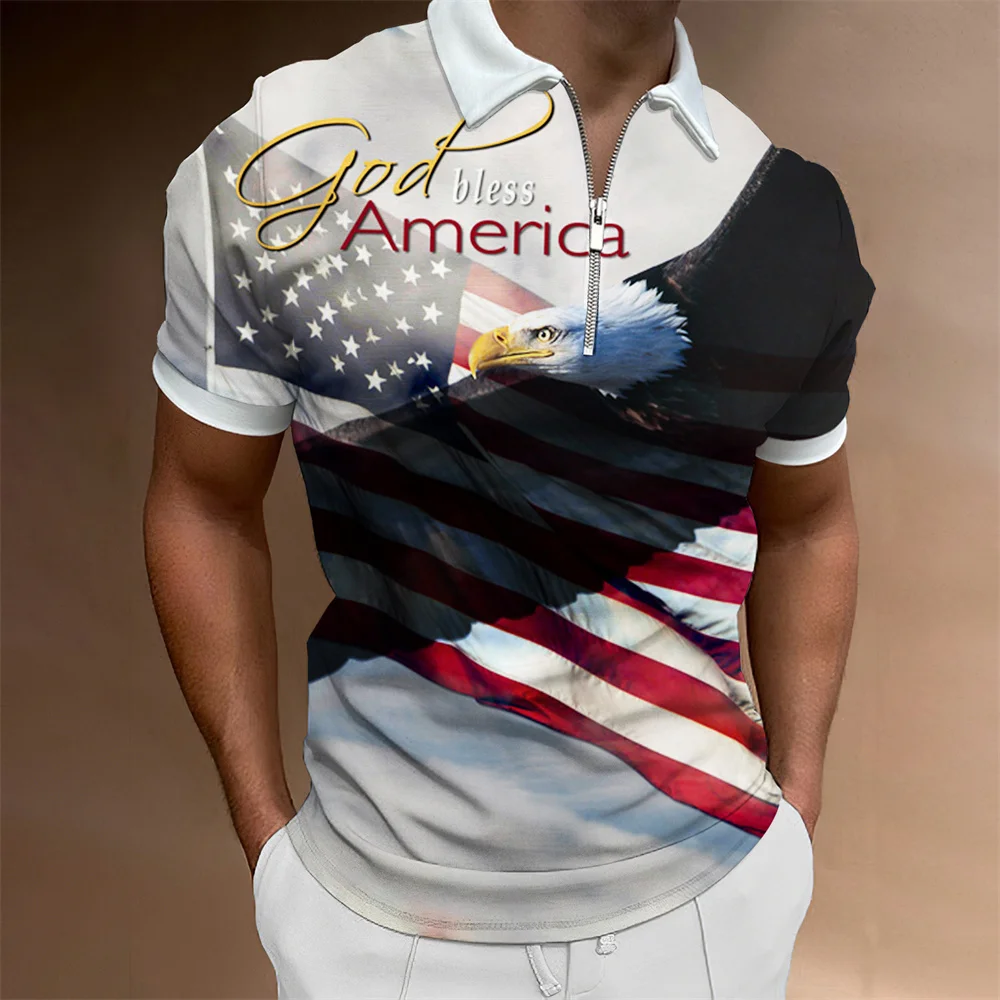 Top Trends: T-shirts Men Clothes Polo Shirts Street American Flag Print Casual Short Sleeve Tops Shirt New Turn-down Collar Zipper Clothing Shoppable Styles