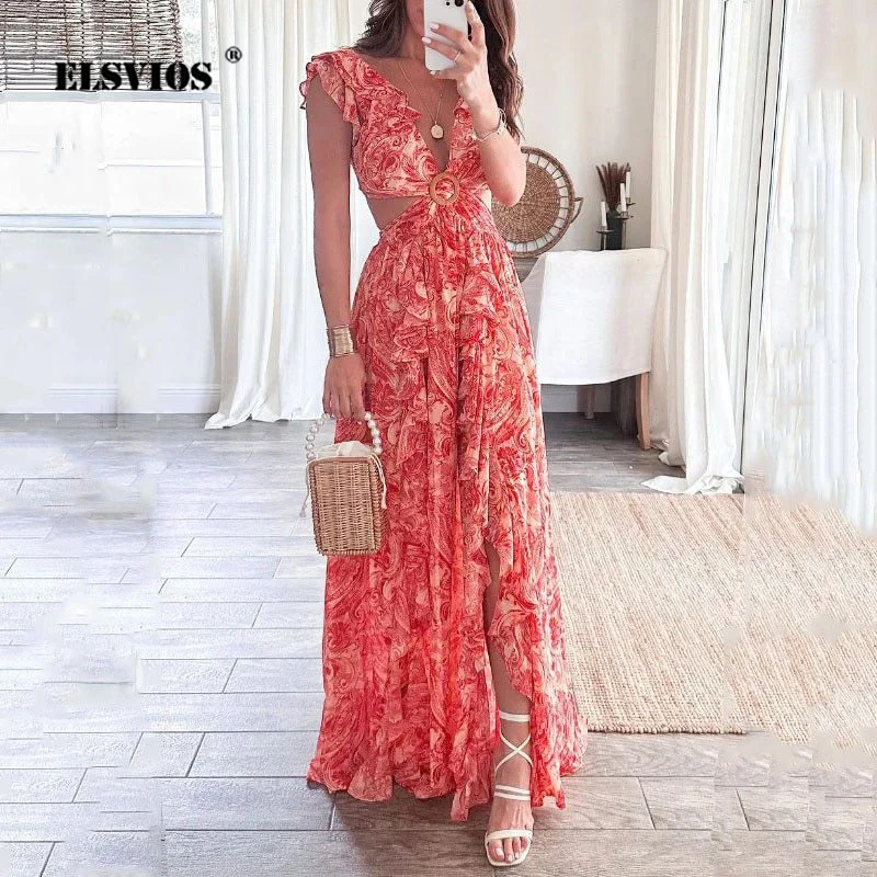 Top Trends: Hollowed Out Backless Sexy Deep V Ncek Summer Women Print Split Long Dress Irregular Skirt Fashion Petal Sleeve Elegant Vestidos Shoppable Styles