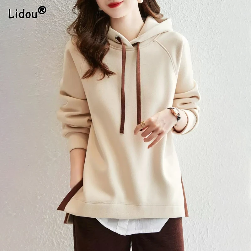 Top Trends: 2023 New Spring And Autumn Fashion Trend Minimalist Casual Loose Oversize Long Sleeved Hem Split Hooded Tie Up Sweater For Women Shoppable Styles