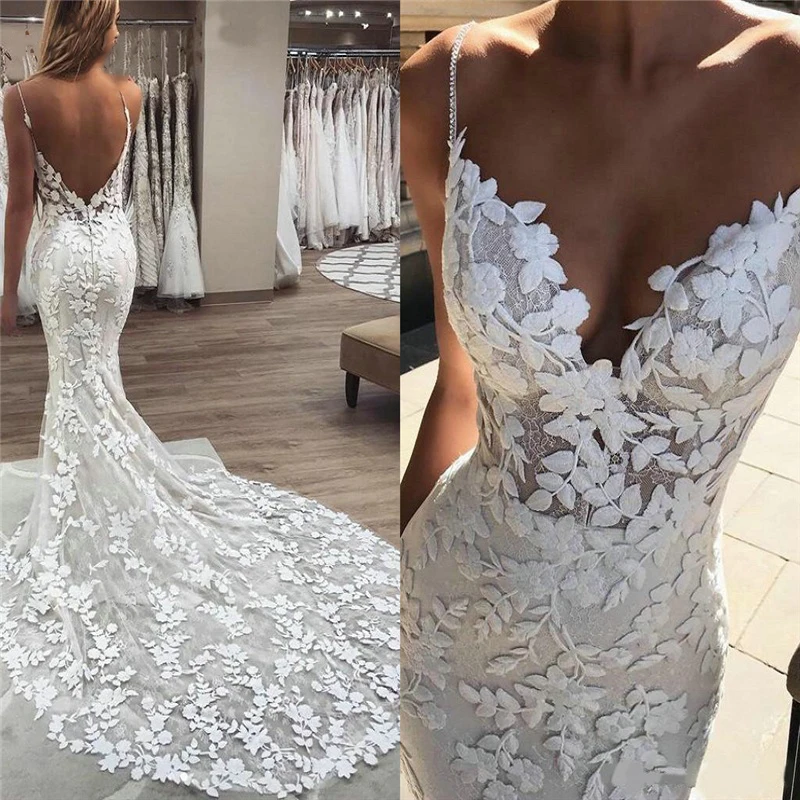 Top Trends: Boho Lace Appliques Wedding Dress Mermaid Bridal Dresses 2024 Spaghetti Straps Backless Beach Bridal Gowns Vestido De Noiva Shoppable Styles