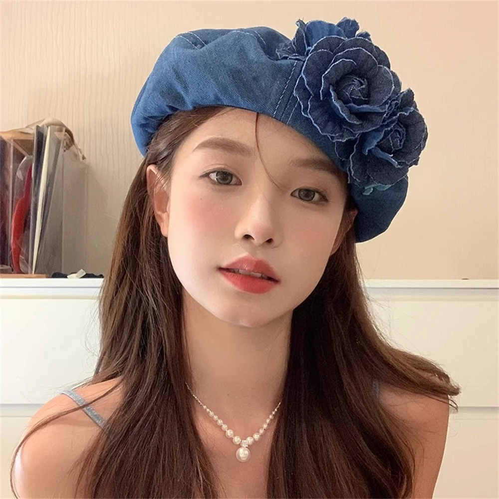 Top Trends: Y2K Korean Designer Vintage Elegance Denim Blue Camellia Beret Hats For Women Spring Summer Femininity Niche Casual Painter Caps Shoppable Styles - Image 2