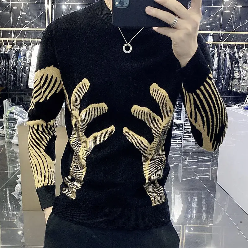 Top Trends: Stylish Printed O-Neck Spliced All-match Korean Sweater Men Clothing 2022 Autumn New Oversized Casual Pullovers Loose Warm Tops Shoppable Styles