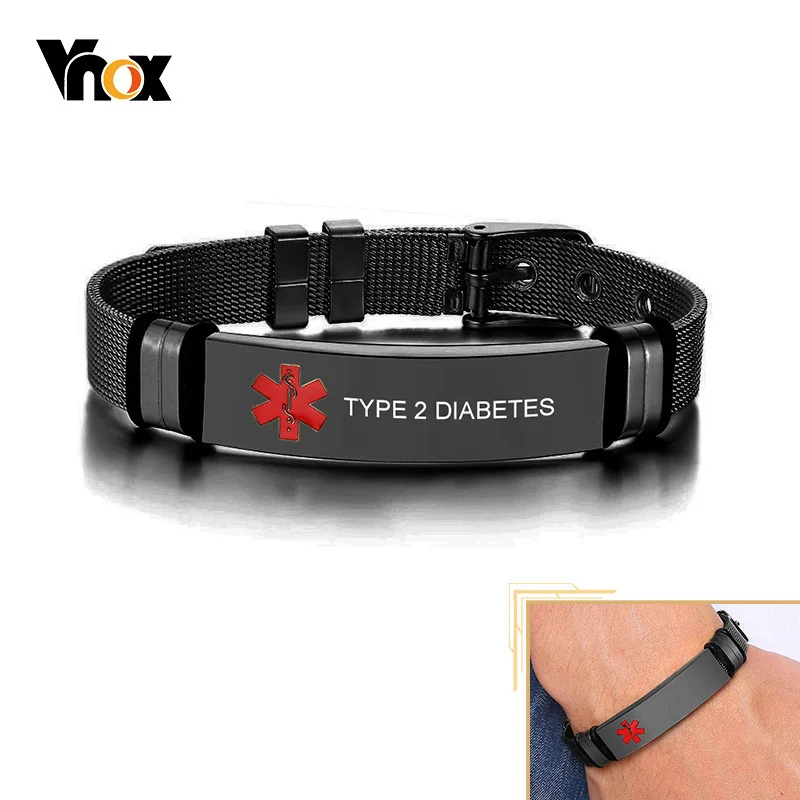 Top Trends: Vnox Personalized Engrave Medical Alert ID Bracelets For Men, Black Stainless Steel Male Wristband Jewelry, Length Adjustable Shoppable Styles