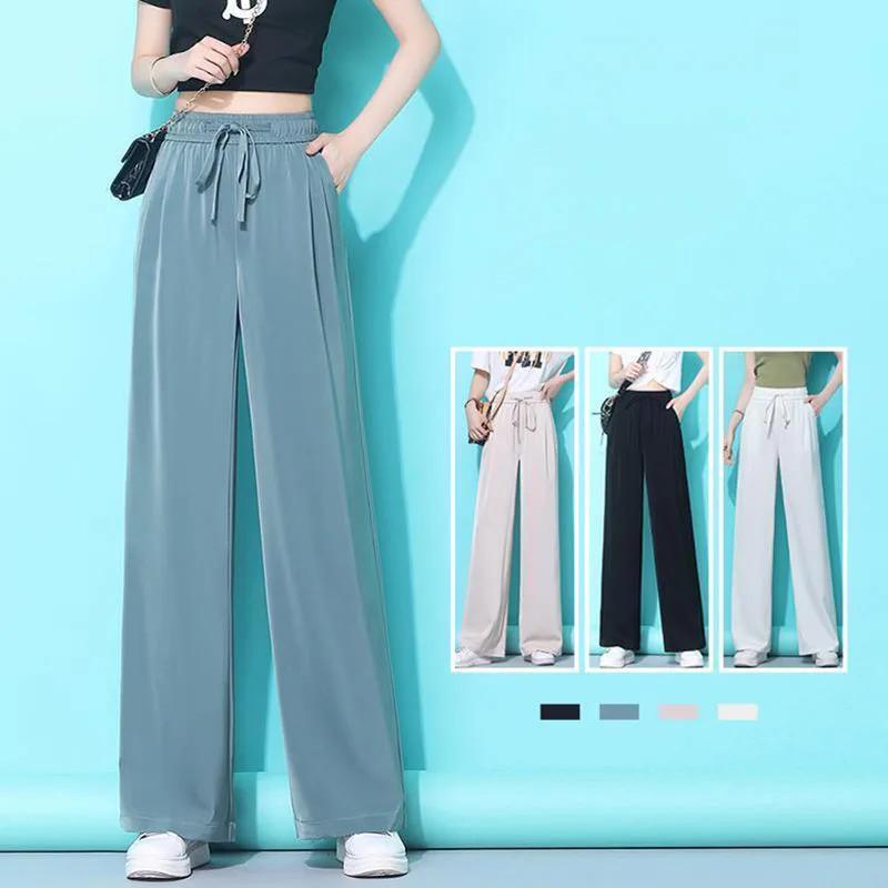 Top Trends: Oversize Summer Thin Women Solid Wide Leg Pants New Fashion Loose Casual Clothing High Waist Elastic Lace-up Straight Trousers Shoppable Styles