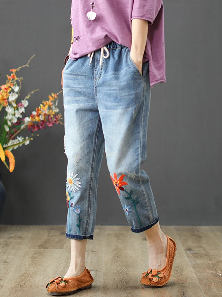 Top Trends: Max LuLu 2023 New Fashion Summer Ladies Elastic Jeans Women Casual Floral Embroidery Denim Trousers Female Oversized Harem Pants Shoppable Styles - Image 2