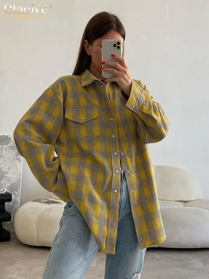 Top Trends: Clacive Vintage Loose Plaid Women'S Blouse 2023 Elegant Lapel Long Sleeve Shirts And Blouses Casual Pocket Oversize Top Female Shoppable Styles