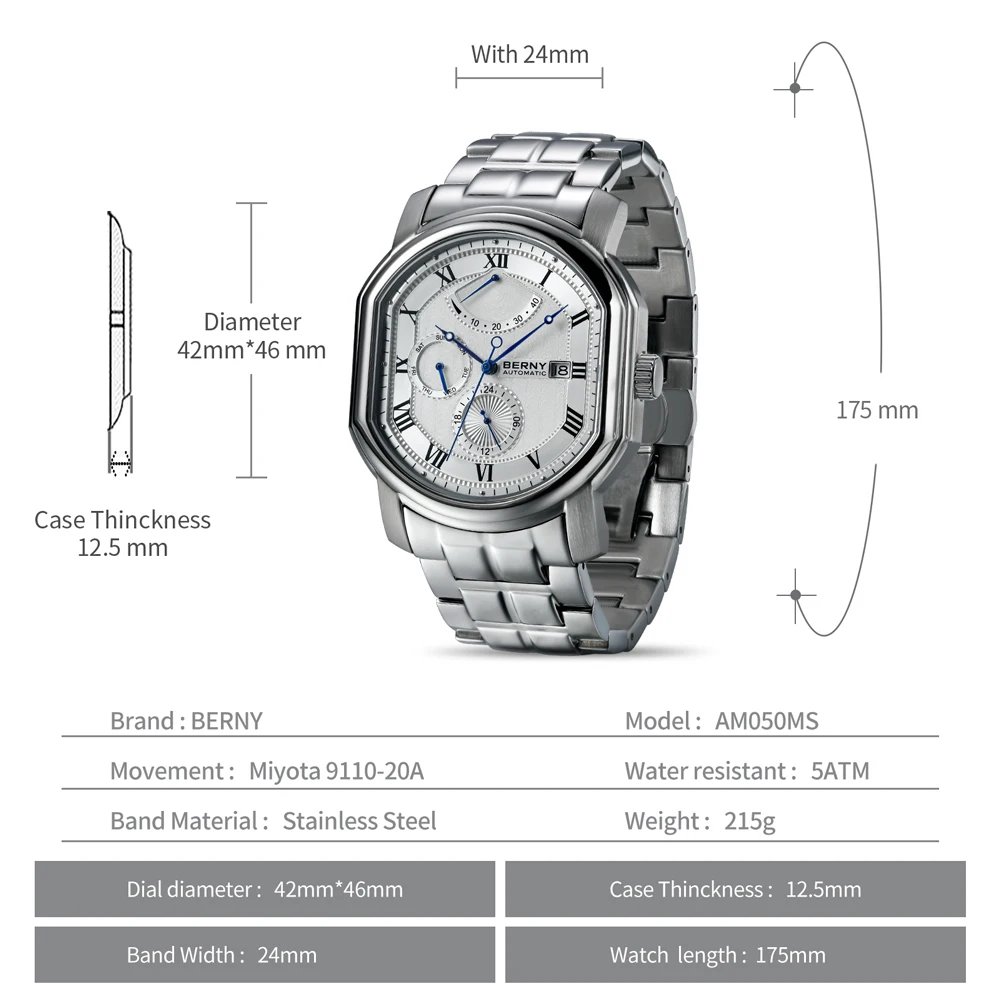 Top Trends: BERNY Luxury Men Automatic Watch Miyota 9110 Japan MOVT Stainless Steel Sapphire 5ATM Waterproof Wristwatch Mechanical Watch Men Shoppable Styles - Image 5