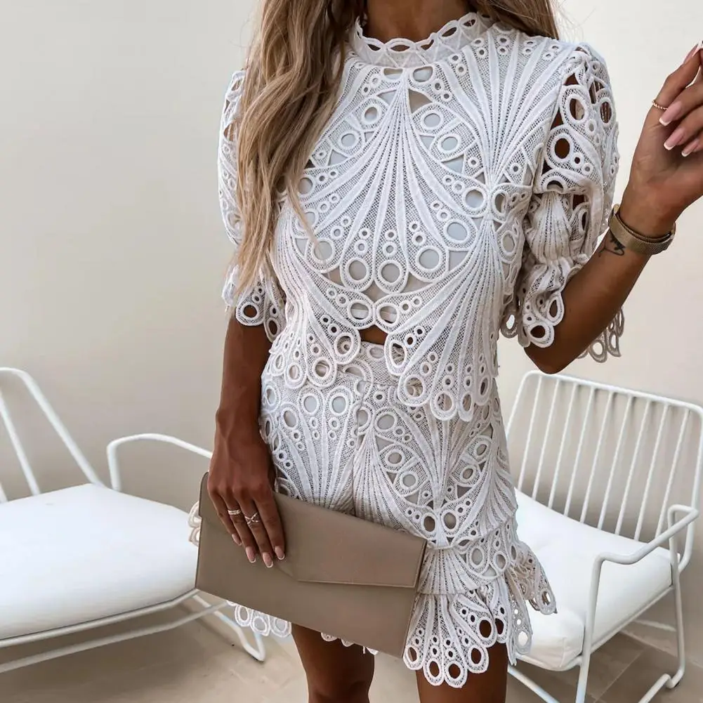 Top Trends: Women Outfit Solid Color Laciness Flare Sleeves Hollow Out Top Shorts Outfits Elegant Lace T-shirt Shorts Set Women&#039;s Clothing Shoppable Styles