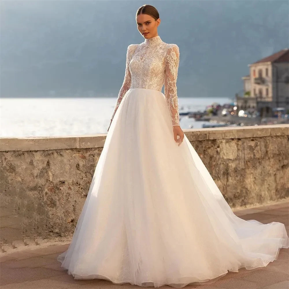 Top Trends: Luxury Wedding Dresses High Collar Beautiful Mermaid Long Sleeves Sexy Lace Applique Fluffy Princess Style Mopping Bridal Gowns Shoppable Styles