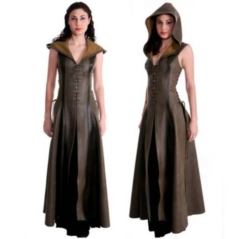 Top Trends: Women Archer Cosplay Costume With Hooded Faux Leather Long Dress Sleeveless Medieval Adult Halloween Costume Warrior Suit Shoppable Styles