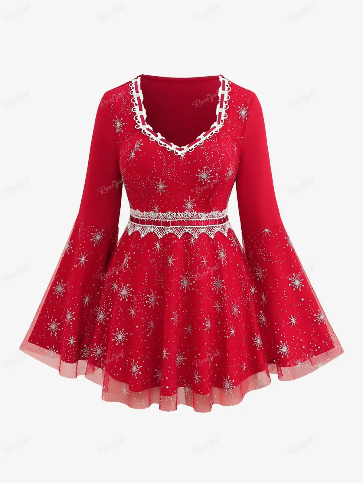 Top Trends: ROSEGAL Plus Size Christmas T-shirt New Red Square Neck Snowflake Lace Trim Sheer Mesh Bell Sleeve Tops Women Autumn Winter Tee Shoppable Styles