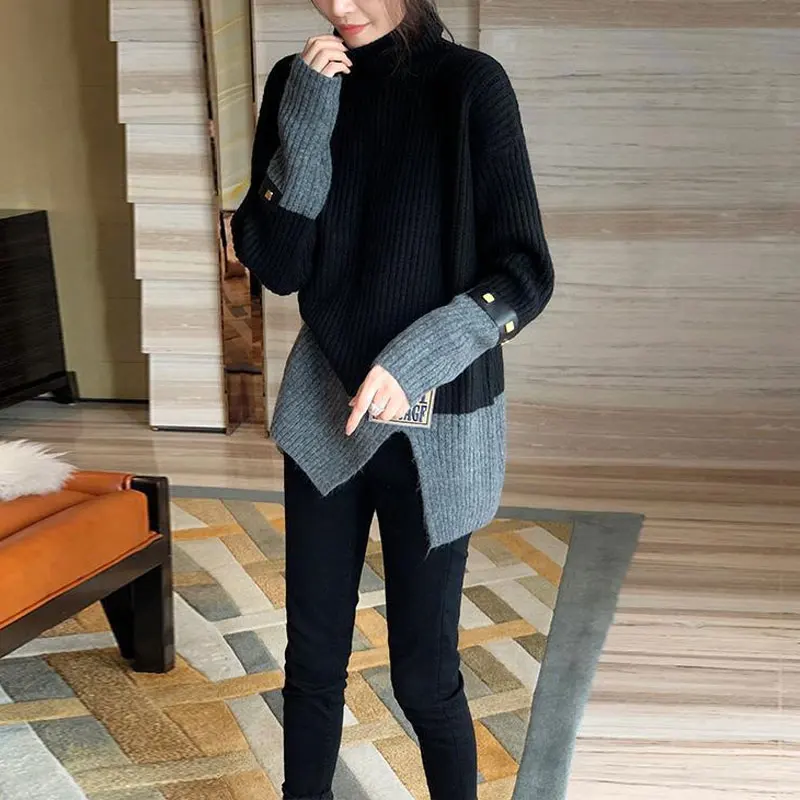 Top Trends: Casual Contrasting Colors Spliced Jumpers Women's Clothing Autumn Winter Turtleneck Loose Fashion Asymmetrical Knitted Sweaters Shoppable Styles