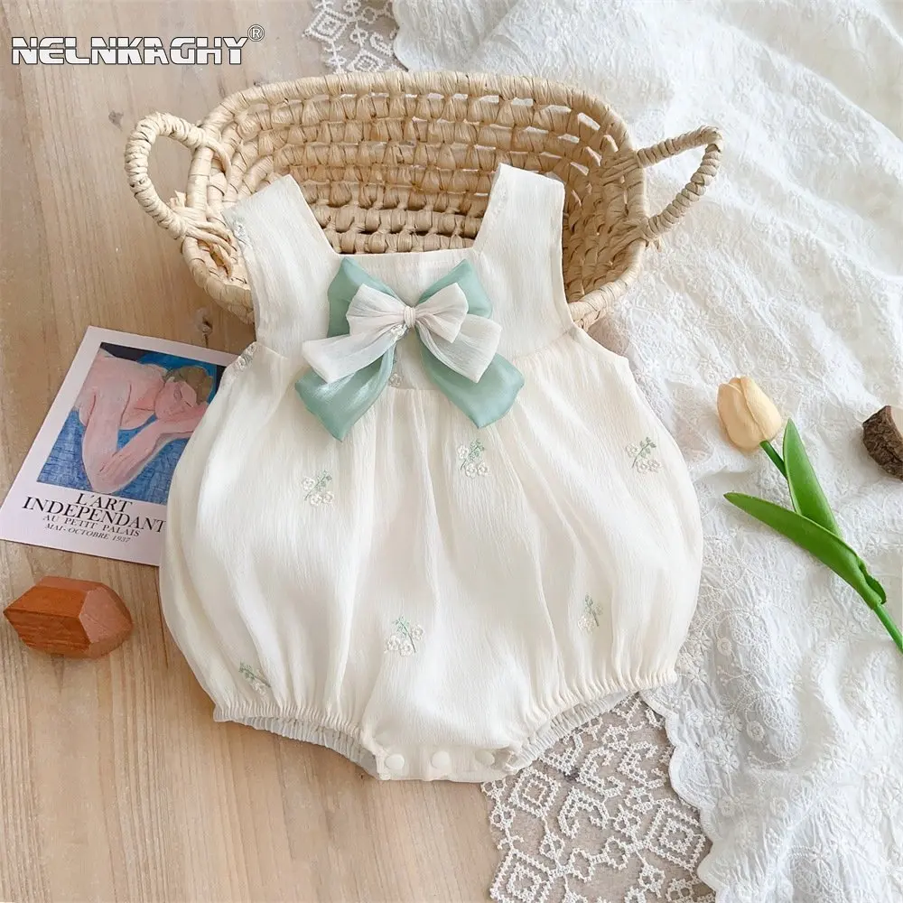 Top Trends: 2023 Summer New In Newborn Baby Girls Sleeveless Big Bow Chiffon One-piece Infant Kids Overalls Toddler Bodysuits 0-24M Shoppable Styles