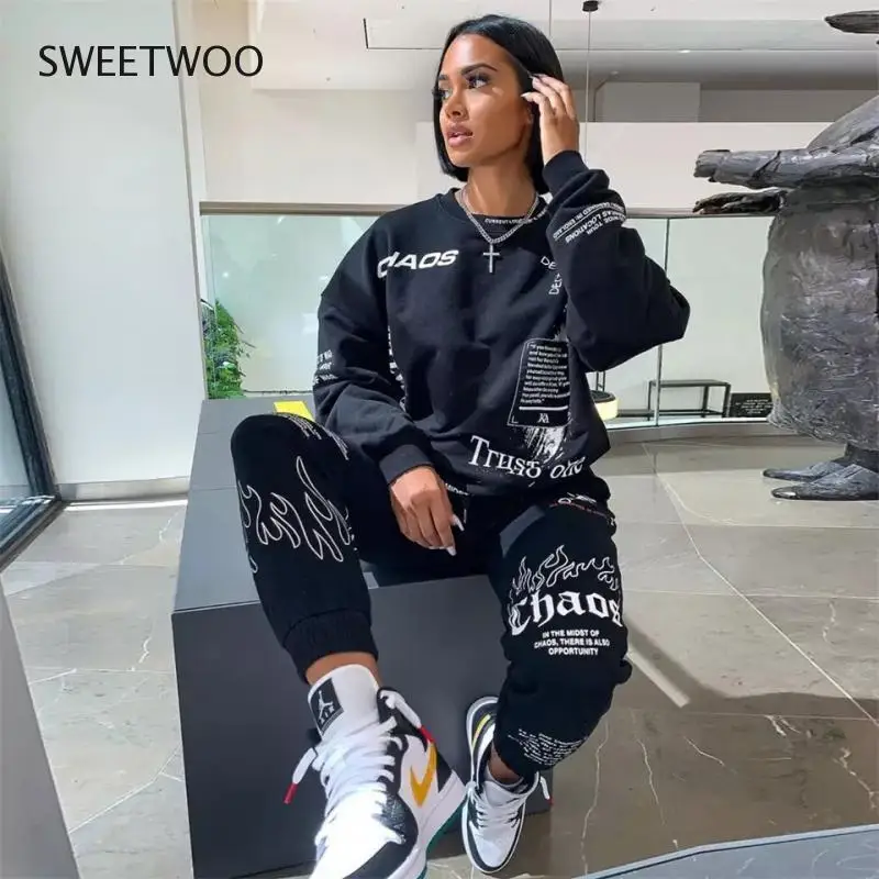 Top Trends: Women Tracksuit 2 Pieces Set Autumn Letter Printed Oversized Hoodies Sweatshirt Pants Suit Sweatpants Outfits Matching Sets 2022 Shoppable Styles