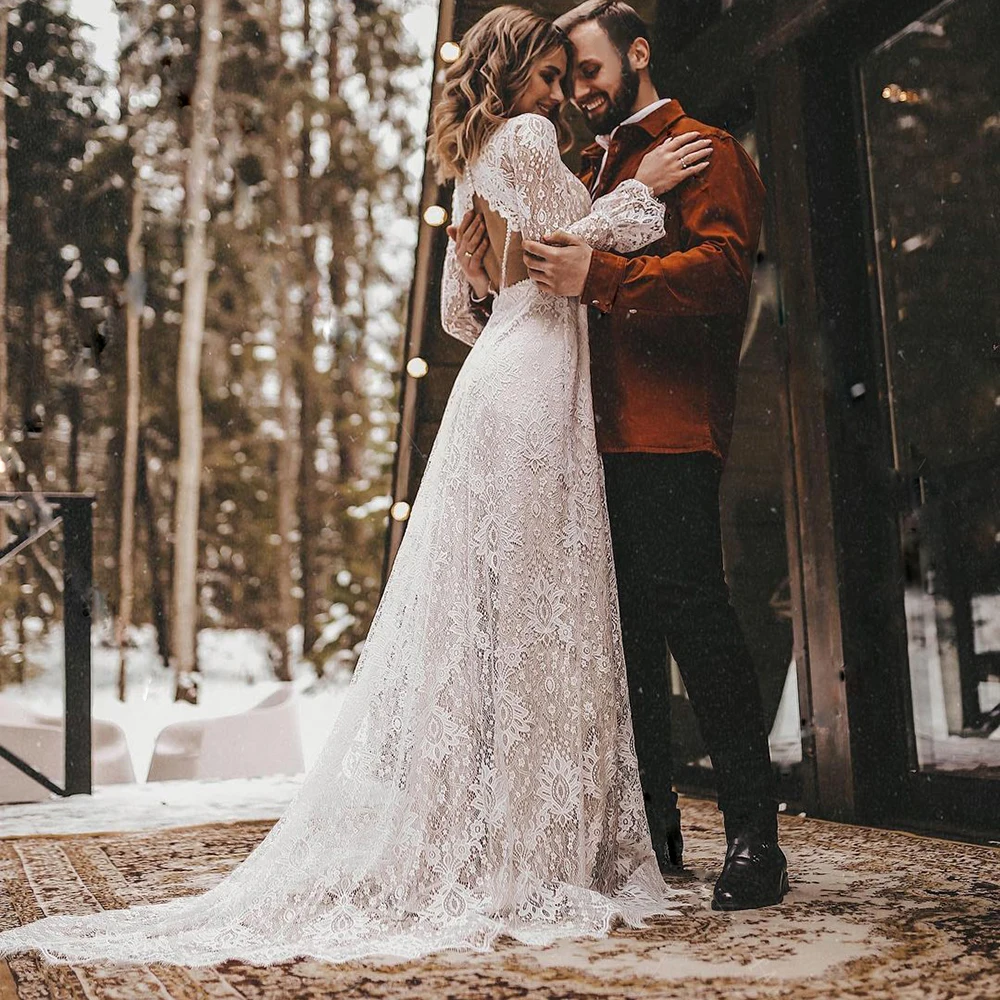 Top Trends: Bohemian Long Sleeves Floral Lace V Neck Outdoor Wedding Dress Elopement Hollow Sheath 2023 Modest Pearls Rustic Bridal Gown Shoppable Styles