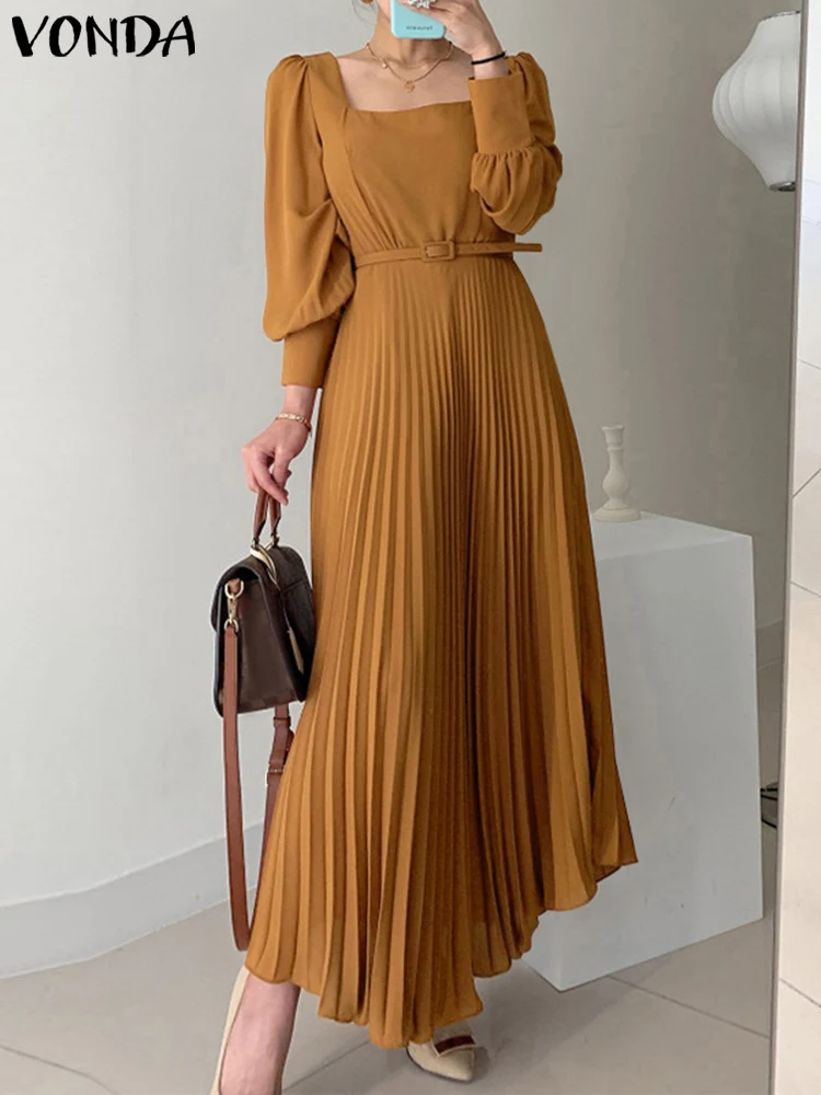 Top Trends: Elegant Long Lantern Sleeve Dress VONDA 2023 Fashion Women Sexy Square Collar Pleated Long Dresses Belted Solid Maxi Robe Femme Shoppable Styles