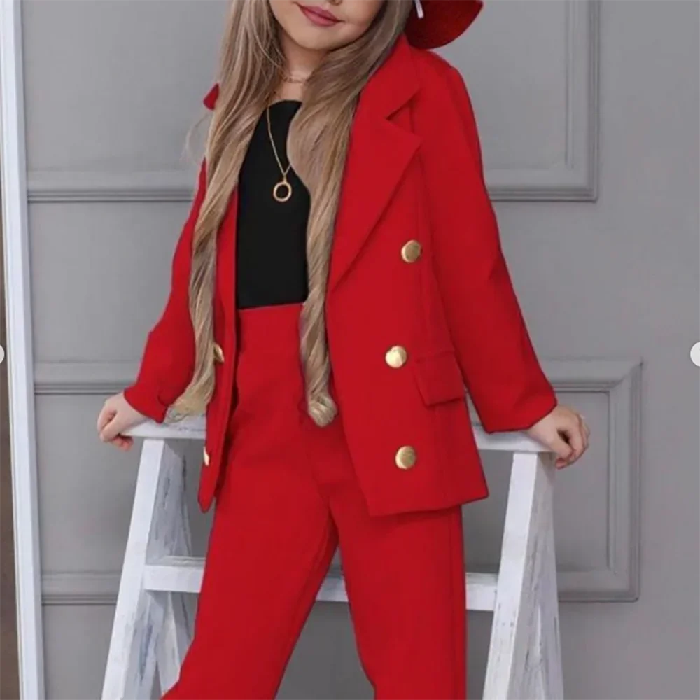 Top Trends: New Fashion Girls Blazer Double Breasted Lapel Suits Kids Jackets+ Pants Loose Formal Teenage Casual Outfits Shoppable Styles