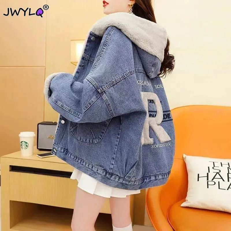 Top Trends: Plus Velvet Thicken Denim Jacket Fashion Hooded Single-breasted Warm Letter Print Outwear New Autumn Winter Loose Clothes Women Shoppable Styles