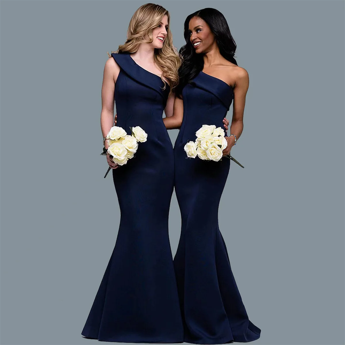 Top Trends: Dark Blue Mermaid Bridesmaid Dress 2024 Simple One Shoulder Satin Train Sweep Wedding Gown فستان حفلات الزفاف Robes Invitée Shoppable Styles