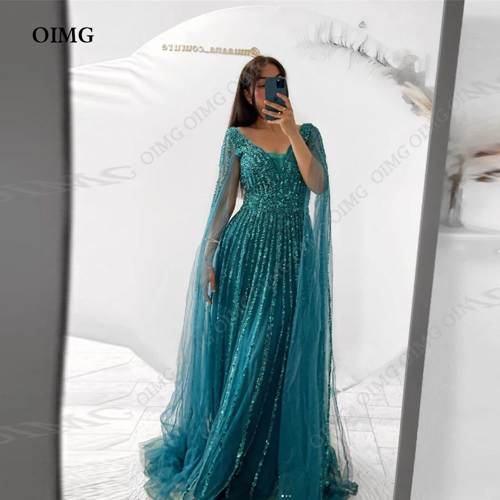 Top Trends: OIMG Glitter Green Sequin Tulle Long Evening Dresses Shiny V Neck Custom Formal Prom Dress Dubai Women Formal Party Gowns Shoppable Styles