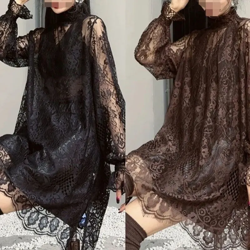 Top Trends: Sexy Vintage Lace Hollow Out Shirt 2023 Autumn Winter Casual Turtleneck Women's Clothing Korean Loose Stylish Long Sleeve Blouse Shoppable Styles