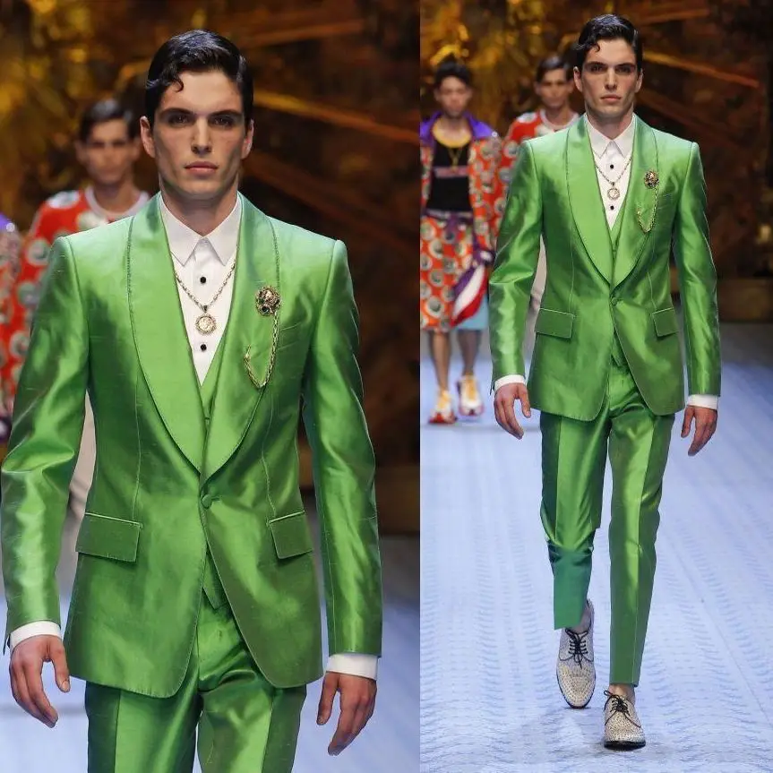 Top Trends: Fashion Shiny Green Groom Tuxedos Excellent Men Wedding Dress Business Prom Party Dinner Holiday Suit(Jacket+ Pant+ Vest) Shoppable Styles