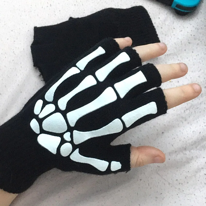 Top Trends: Warm Knitting Gloves For Adult Half Finger Glove Skeleton Head Gripper Print Cycling Non-slip Wrist Winter Mittens Halloween Shoppable Styles