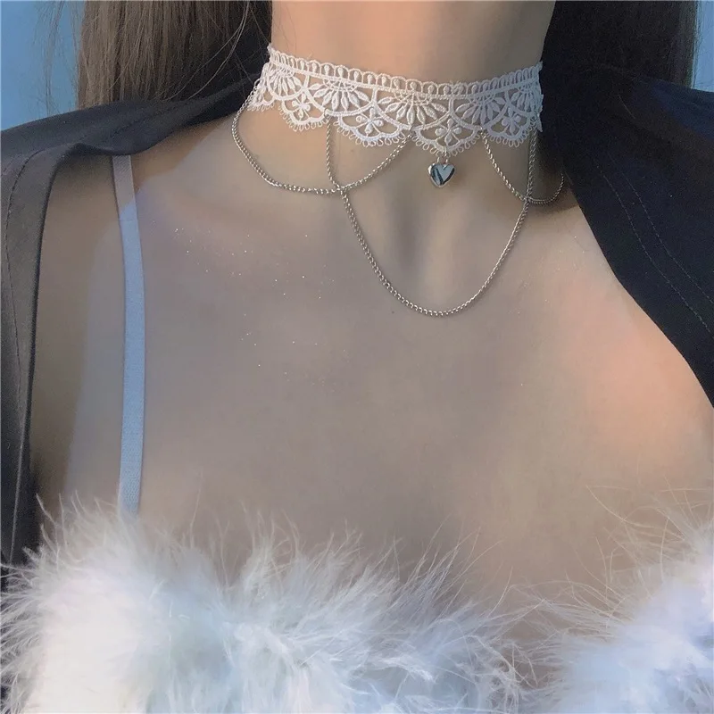 Top Trends: Fashion Choker Necklace For Women Sexy Black White Lace Stretch Strip Heart Pendant Short Clavicle Necklace Aesthetic Jewelry Shoppable Styles