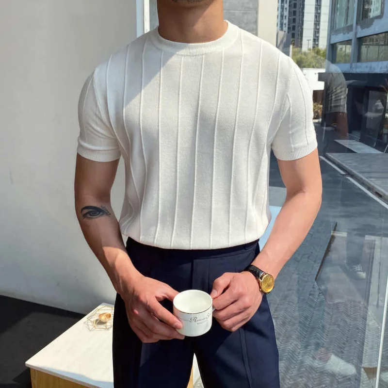 Top Trends: Korean Business Casual Summer New Round Neck Knit T-shirt Youth Men's Solid Jacquard Stripe Screw Thread Short Sleeve Thin Top Shoppable Styles