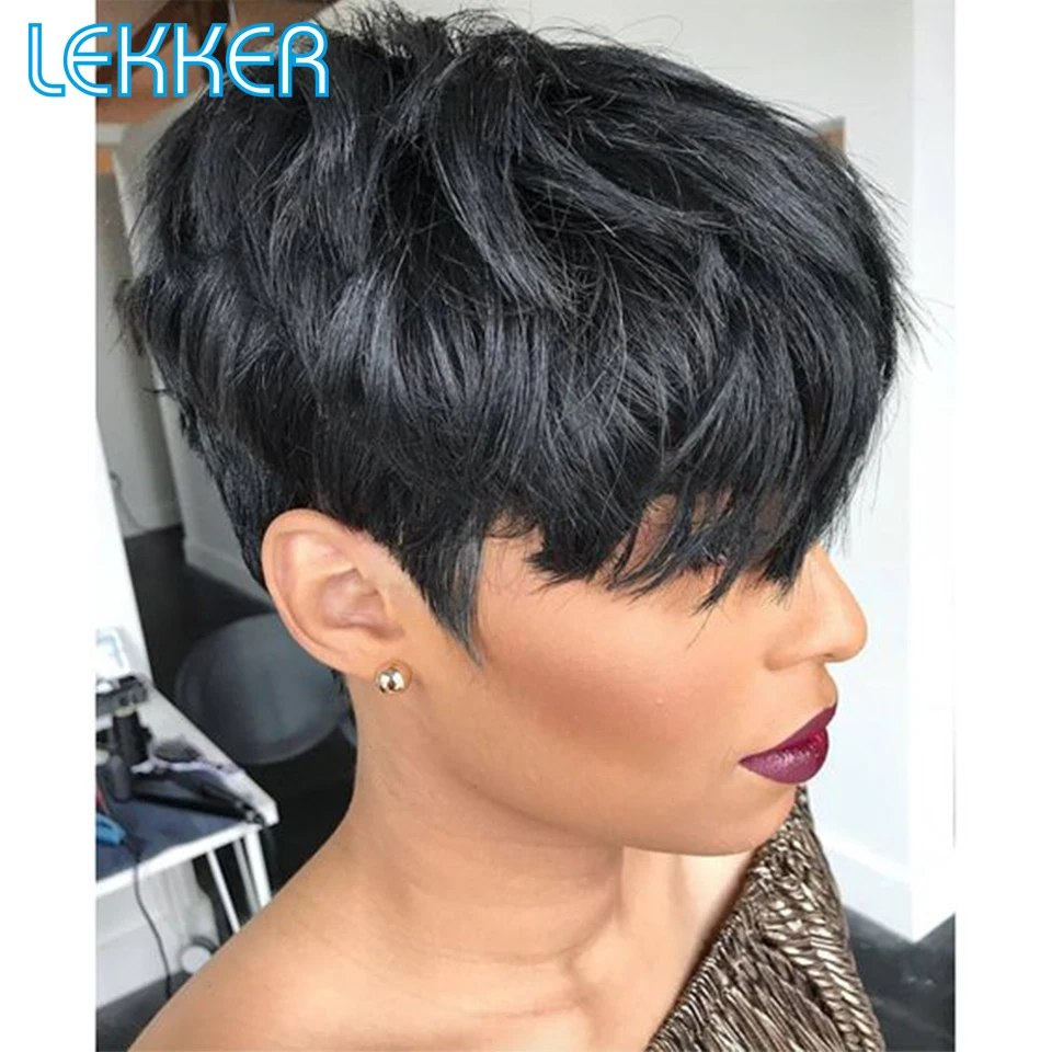 Top Trends: Lekker Natural Pixie Human Hair Wigs Short Straight Bob For Women Brazilian Remy Hair Wear And Go 180 Density Black Hair Wigs Shoppable Styles