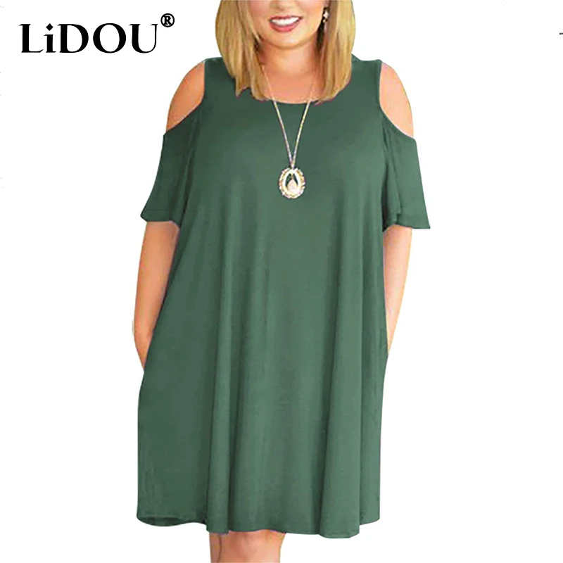 Top Trends: Summer Plus Size Solid Loose Dress Women Off Shoulder Short Sleeve Casual Oversized Vestidos De Fiesta Sexy Fashion Robe Femme Shoppable Styles